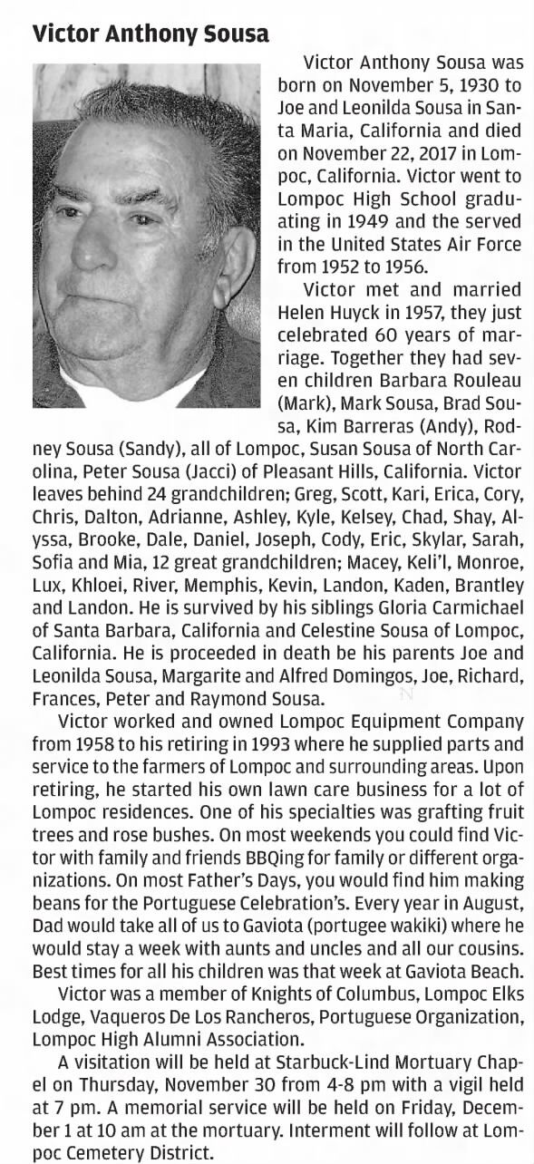 Obituary for Victor Anthony Sousa, 1930-2017